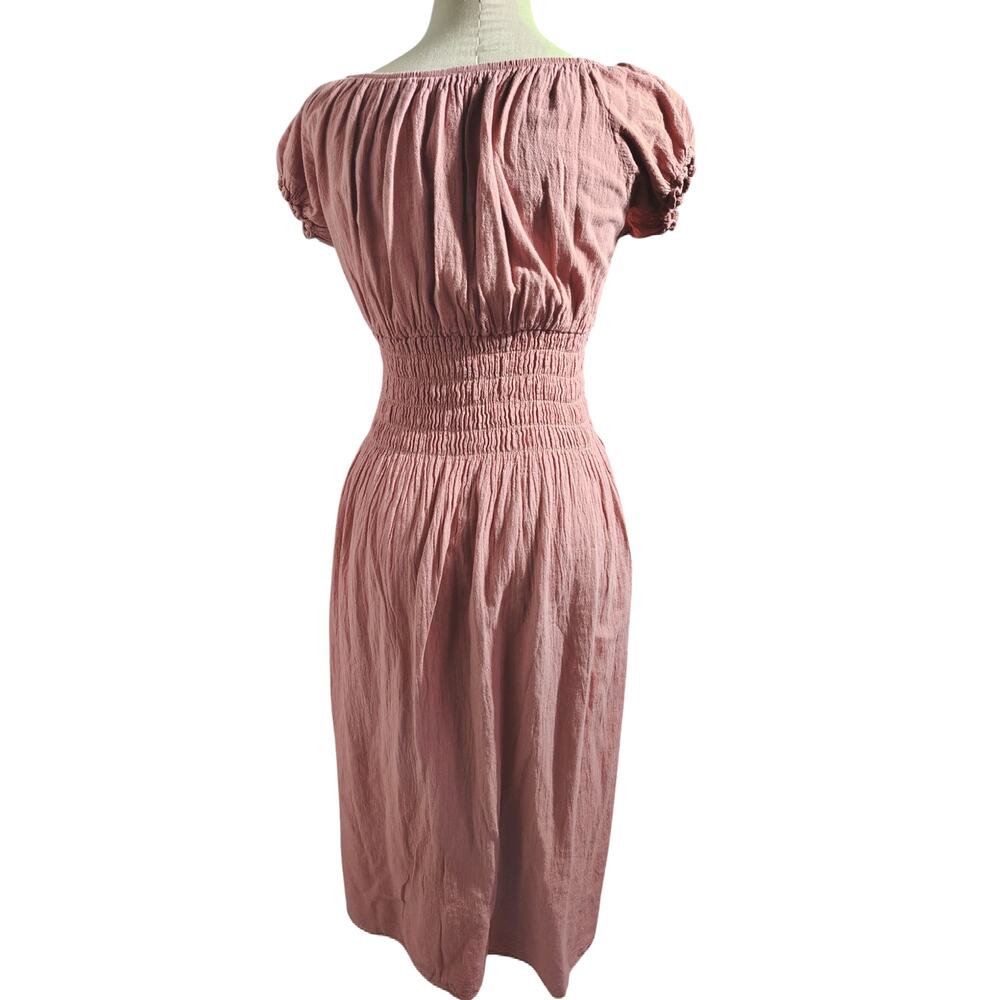 LRSM Fashion Dusty Rose Boho Midi Dress Smocked Puff Sleeve 100% Cotton XS/S - Picture 4 of 5